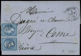 O N°22 - Paire Du 20c. Bleu, Obl. GC 623 S/lettre Frappée Du CàD De BRIARE Du 5 Septembre 1866 à Destination De COSNE -  - 1862 Napoléon III.