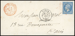 O N°22 - 20c. Bleu Obl. étoile Rouge Sur Lettre Frappée Du CàD De PARIS Du 4 NOVEMBRE 1867 à Destination De PARIS + Cach - 1862 Napoléon III.