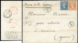 O N°2223 - 20c. Bleu + 40c. Orange Obl. ''J'' S/lettre Chargée à 200Francs, Frappée Du CàD De PARIS (60) Du 8 Juillet 18 - 1862 Napoleone III