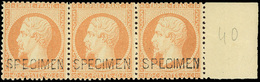 * N°23d - 40c. Orange Surch. ''SPECIMEN''. Les 3 Types Se Tenant Dans Bande De 3. BdeF. SUP. - 1862 Napoléon III.