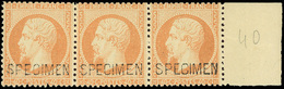 * N°23d - 40c. Orange Surch. ''SPECIMEN''. Les 3 Types Se Tenant Dans Bande De 3. BdeF. SUP. - 1862 Napoléon III