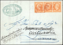 O N°23x3 - Bande De 3 Du 40c. Orange Obl. Cachet Rouge Encadré P.D. S/lettre Datée Du 5 Avril 1870, Frappée Du Cachet AG - 1862 Napoleon III