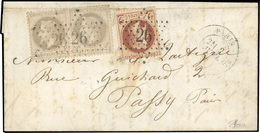 O N°26B + 27 X 2 - 2c. Rouge-brun + Paire 4c. Gris. Obl. étoile ''26'' S/lettre Frappée Du CàD De PARIS - RC Du 2 Avril  - 1863-1870 Napoleon III With Laurels