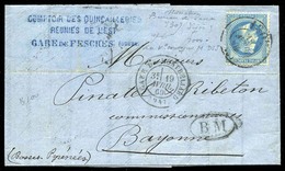 O N°29B - 20c. Bleu Obl. Du Cachet ''1307'' Du Bureau De Passe De DIJON, Du 19 Avril 1869 En Noir, S/lettre Frappée Du C - 1863-1870 Napoléon III Lauré