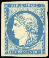 * N°44A - 20c. Bleu. Type I. Report 1. Grandes Marges égales. Pièces Superbe. SUP. - 1870 Uitgave Van Bordeaux