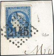 O N°44Ab - 20c. Bleu Outremer. Type I. Report I. Obl. GC S/fragment. Oblitération Complète. TB. - 1870 Bordeaux Printing