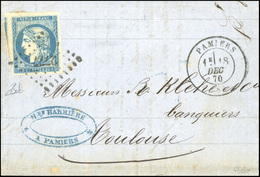 O N°44A - 20c. Bleu, Type 1 Report 1, Très Grandes Marges, Obl. PC 2777 S/lettre Frappée Du CàD De PAMIERS Du 18 Décembr - 1870 Emission De Bordeaux