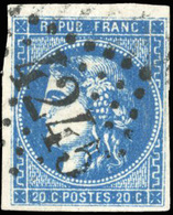 O N°46B - 20c. Bleu Roi. Type III, Report 2. Nuance Exceptionnelle. RRR. - 1870 Bordeaux Printing