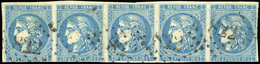 O N°46B - 20c. Bleu. Type III. Bande De 5. Obl. GC 822. Marge Courte En Bas Sinon SUP. - 1870 Ausgabe Bordeaux