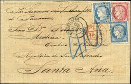 O N°57+ 60 X 2 - 80c. Rose + 25c. Bleu X 2 Obl. S/lettre Frappée Du CàD De MONTPELLIER Du 13 Mars 1876 à Destination De  - 1871-1875 Cérès