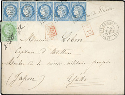 O N°60A X 5 + 53 - Bande De 4 + 1 Unité Du 25c. Bleu + 5c. Vert Obl. GC 3879 S/lettre Frappée Du CàD De ST-VALERY-EN-CAU - 1871-1875 Ceres