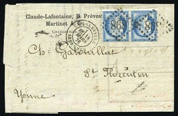 O N°60 - Paire Du 25c. Bleu Obl. GC 898 S/lettre Frappée Du CàD De CHARLEVILLE - ARDENNES Du 14 Mars 1876 à Destination  - 1871-1875 Cérès