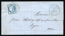 O N°60 - 25c. Bleu Obl. S/lettre Frappée Du CàD Bleu De TAIN Du 23 Mai 1876 à Destination De LYON - RHONE. Arrivée Le 24 - 1871-1875 Ceres