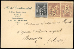 O N°83+ 85x2 - 1c. Noir S/azuré + 2c. Brun-rouge X 2 Obl. Cachet Cercle 10 S/lettre à En-tête De L'Hôtel Continental à P - 1876-1878 Sage (Type I)