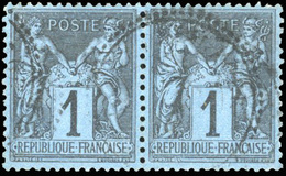 O N°84 - 1c. Bleu De Prusse. Paire Obl. CàD Perlé. Centrage Exceptionnel Pour Ce Timbre. Pièce De Rêve. RR. SUP. - 1876-1878 Sage (Typ I)