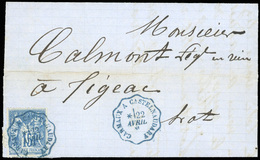 O N°90 - 15c. Bleu Obl. S/lettre Frappée Du Cachet Ambulant Bleu CARMAUX A CASTELNAUDARY Du 22 Avril 1881 à Destination  - 1876-1878 Sage (Typ I)