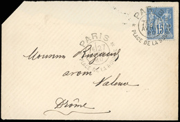 O N°90 - 15c. Bleu Obl. S/lettre Frappée Du Grand Cachet PARIS * PLACE DE LA BOURSE Du 27 Avril 1880 à Destination De VA - 1876-1878 Sage (Type I)