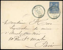 O N°90 - 15c. Bleu Obl. S/lettre Frappée Du Cachet Bleu-noir Perlé De L''ECLUSE - NORD Du 20 Juillet 1887 à Destination  - 1876-1878 Sage (Typ I)