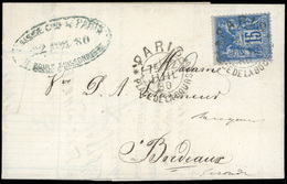 O N°90 - 15c. Bleu Obl. S/lettre Frappée Du Petit Cachet PARIS * PLACE DE LA BOURSE Du 22 Juillet 1880 à Destination De  - 1876-1878 Sage (Type I)