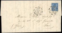 O N°90 - 15c. Bleu Obl. S/lettre Frappée Du Cachet Cercle épais Interrompu PARIS - PLACE DE LA BOURSE Du 6 Octobre 1881  - 1876-1878 Sage (Typ I)