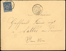 O N°90 - 15c. Bleu Obl. S/lettre Frappée Du Cachet Ambulant LA ROCHELLE A PARIS A Du 16 Octobre 1888 à Destination De PA - 1876-1878 Sage (Type I)