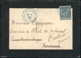 O N°90 - 15c. Bleu Obl. S/lettre Frappée Du Cachet Ambulant Bleu ST-SEVER DES LANDES A MONT-DE-MARSAN Du 6 Octobre 1895  - 1876-1878 Sage (Type I)