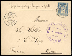 O N°90 - 15c. Bleu Obl. S/lettre Du Corps D'Occupation Français En Crète, Frappée Du Grand Cachet Violet ''8eme REGT D'I - 1876-1878 Sage (Typ I)