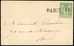 O N°106 - 5c. Vert S/jaune Obl. Cachet Linéaire PARIS 14 S/lettre à Destination De PARIS. TB. - 1876-1878 Sage (Typ I)