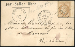 O N°28 - JULES FAVRE N°1. 10c. Laurés Obl. étoile 3 S/carte-poste Avec Mention Imprimée ''Par Ballon Libre'' Frappée Du  - Guerre De 1870