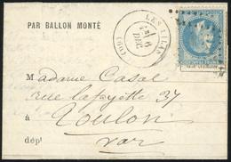 O N°29 - LE DENIS PAPIN. 20c. Lauré Obl. S/lettre Frappée Du CàD Des LES LILAS Du 6 Décembre 1870 à Destination De TOULO - Krieg 1870