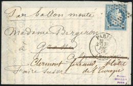 O N°37 - ARMEE DE LA LOIRE. 20c. Siège Obl. étoile S/lettre Frappée Du CàD De PARIS (60) Avec Section De Levée Du 30 Déc - War 1870