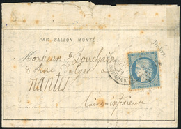 O N°37 - LE DUQUESNE. 20c. Siège Obl. S/Dépêche-Ballon N°21 Frappée Du CàD De PARIS - R. BONAPARTE Du 6 Janvier 1871 à D - Guerre De 1870