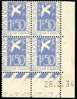 ** N°291 - 1Fr.50 Outremer. Bloc De 4. CdeF. Daté Du 26.2.34. SUP. - Andere & Zonder Classificatie