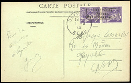 O N°2 - 40c. Violet En Paire Surcharge COUDEKERQUE Obl. Sur Carte Frappée Du CàD De GHYVELDE Du 1 AOUT 1940 à Destinatio - Guerre (timbres De)