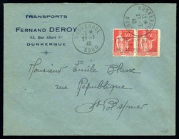 O N°3 - Paire Horizontale Du 50c. Rouge Obl. S/lettre Frappée Du CàD De DUNKERQUE Du 27 Juillet 1940 à Destination De ST - Kriegsmarken