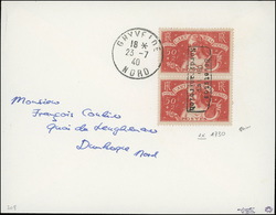 O N°308 - 50c. Rouge En Paire Surcharge DUNKERQUE Obl. Sur Lettre Frappée Du CàD De GHYVELDE Du 23 JUILLET 1940 à Destin - Oorlogszegels