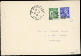 O N°367407 - 10c. Bleu + 90c. Vert Surcharge DUNKERQUE Obl. Sur Lettre Frappée Du CàD De DUNKERQUE Du 20 JUILLET 1940 à  - War Stamps