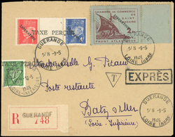 O N°9 - 2F. Brun-lilas S/vert-pâle + 80c. Vert + 1F. Rouge + 4F. Bleu Pétain Surch. ''LIBERATION'' S/lettre Recommandée  - Liberazione