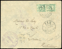 O N°3 - 5m. Vert-bleu. Paire Obl. S/lettre Frappée Du CàD De FEZ Février 1913 à Destination De LORIENT. TB. - Other & Unclassified