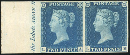 * N°2 - 1840. 2d. Blue. Plate 1. Lettered LA-LB. Mint Part Margin Inscriptional Pair From The Left Of The Sheet. - Otros & Sin Clasificación