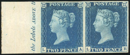 * N°2 - 1840. 2d. Blue. Plate 1. Lettered LA-LB. Mint Part Margin Inscriptional Pair From The Left Of The Sheet. - Altri & Non Classificati