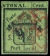 O N°1A - 5c. Moitié Gauche Du ''Double De Genève'' Obl. Rosette Rouge AW2. Très Frais De Couleur. Trou D'épingle Au Cent - Autres & Non Classés