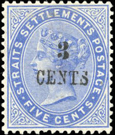 * N°56 - STRAITS SETTLEMENTS. 3c. Sur 5c. Bleu. (SG#82 - C.170£). SUP. - Malacca