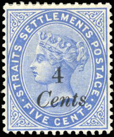 * N°59a - STRAITS SETTLEMENTS. 4c. Sur 5c. Bleu. Surcharge Noire. (SG#72 - C.3500£). SUP. - Malacca