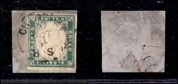 ANTICHI STATI ITALIANI - SARDEGNA - 1855 - 5 Cent (13c - Verde Pisello) Usato Su Frammento (4.750) - Other & Unclassified