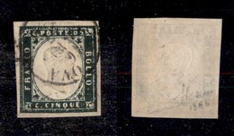 ANTICHI STATI ITALIANI - SARDEGNA - 1857 - 5 Cent (13Ab - Verde Mirto Scuro) - Usato - Sorani (1.400) - Other & Unclassified
