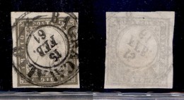 ANTICHI STATI ITALIANI - SARDEGNA - 1861 - 10 Cent (14Caa - Oliva Grigio Verdastro) Usato - Cert. AG (1.200) - Altri & Non Classificati