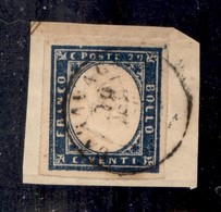 ANTICHI STATI ITALIANI - SARDEGNA - 1861 - 20 Cent (15Di - Cobalto Oltremare) Usato A Caravaggio (29.1.62) Su Frammento  - Other & Unclassified