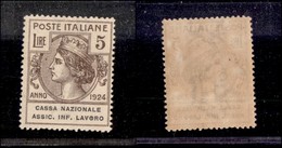 REGNO - ENTI PARASTATALI - 1924 - 5 Lire Cassa Nazionale Ass. Inf. Lavoro (23) Con Punto Nella O Di Lavoro - Gomma Integ - Other & Unclassified