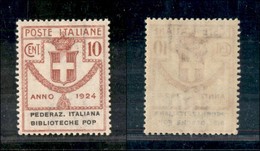 REGNO - ENTI PARASTATALI - 1924 - 10 Cent Biblioteche Pop. (34b) Senza Punto Dopo Pop + Pederaz (non Catalogato) - Gomma - Other & Unclassified